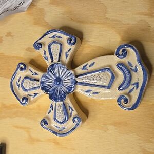 Blue & Cream Hand Painted Floral Motif Cross Wall Hanger